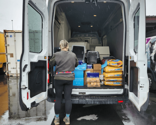 Loading a van with pet supplies